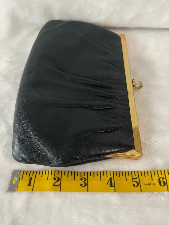 Vintage Etra Genuine leather black clutch hand bag purse gold with filigree - Picture 7 of 9